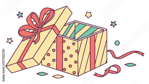 Illustration of a decorated open gift box with ribbon and stars for a festive celebration scene