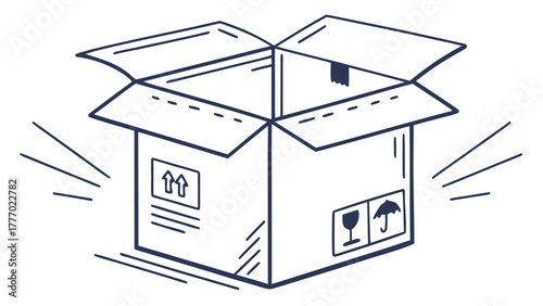 Illustration of an open cardboard box with shipping labels and radiating lines around the box art