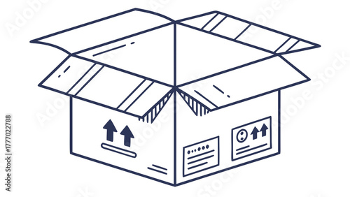 Illustration of an open cardboard box with shipping labels and directional arrows on the side panels