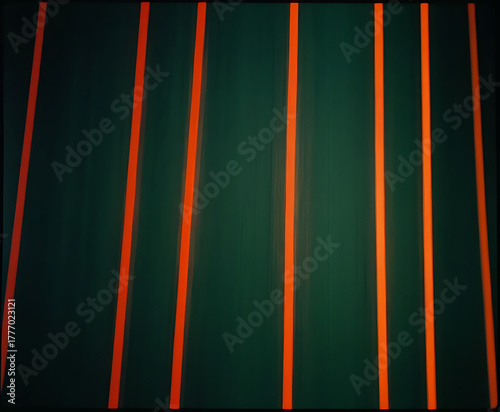 vertical orange laser bars slicing through deep green darkness, minimal light tunnel aesthetic with clean lines and immersive sci‑fi atmosphere