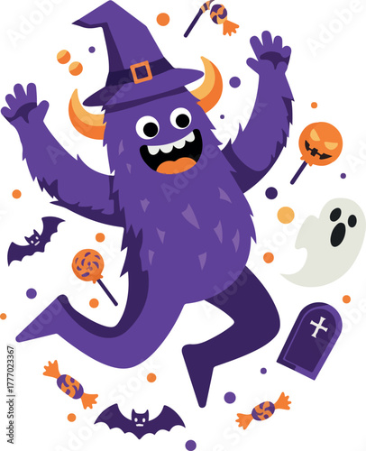 Purple Monster In Witch Hat Celebrates Halloween With Candy And Bats Vector