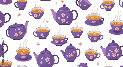 Purple Daisy Teapot Pattern With Hot Tea Cups White Background