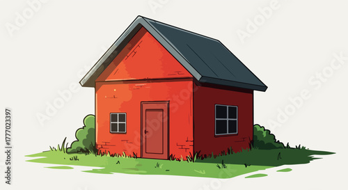 Red Brick House With Gray Roof Isolated On White Background Vector Art