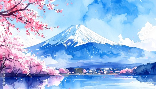 水彩で描く日本の春：富士と桜の絶景