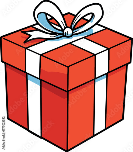 Red Gift Box With White Ribbon And Bow Blue Accent Isolated