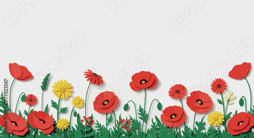 Red Poppies Yellow Daisies Field Minimalist Flat Design Vector