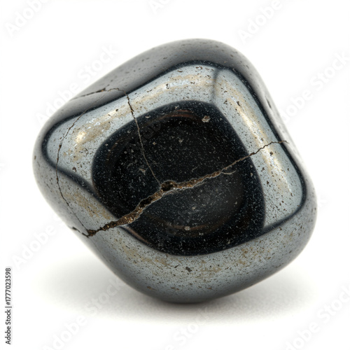 Macro Shot of a Polished Hematite Stone with a Metallic Sheen on White. 