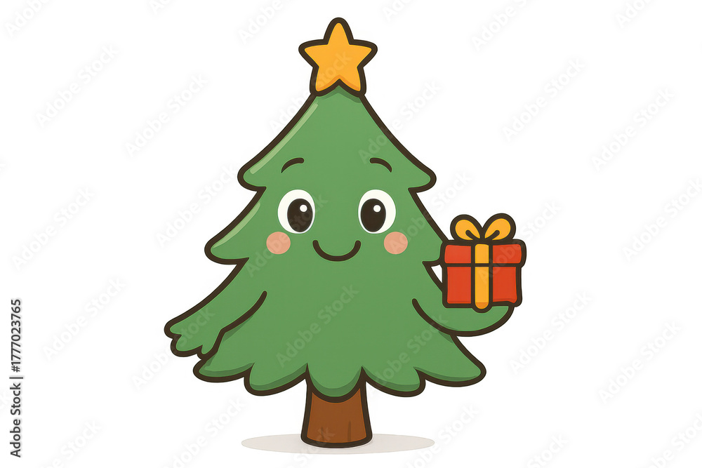 Naklejka premium Cute christmas tree character celebrating holiday season holding gift box with star topper