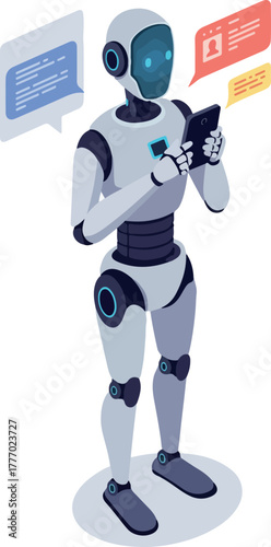 Robot Holding Phone With Chat Bubbles In Pixel Art Style