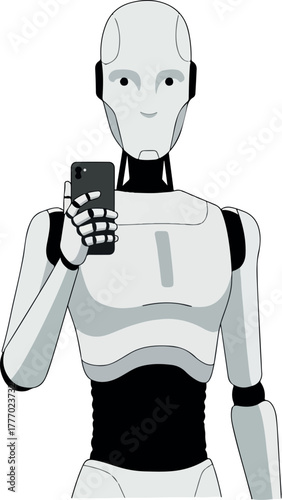 Robot Holding Smartphone in Minimalist Flat Design