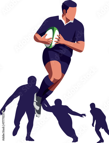 Rugby Player In Navy Blue Uniform Running With Ball White Background