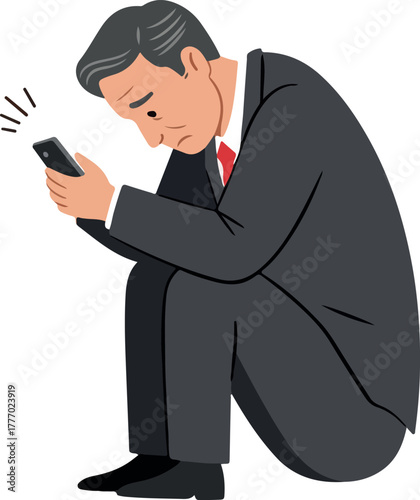 Sad Businessman Looking at Phone with Stressful News Isolated on White Background