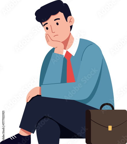 Sad Businessman Sitting with Briefcase Looking Down Flat Design