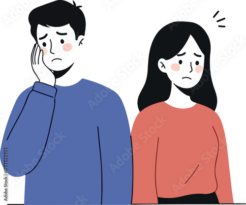 Sad Couple Worrying Together Blue and Coral Flat Design