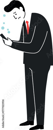 Sad Businessman With Phone Wearing Black Suit Red Tie Blue Bubbles