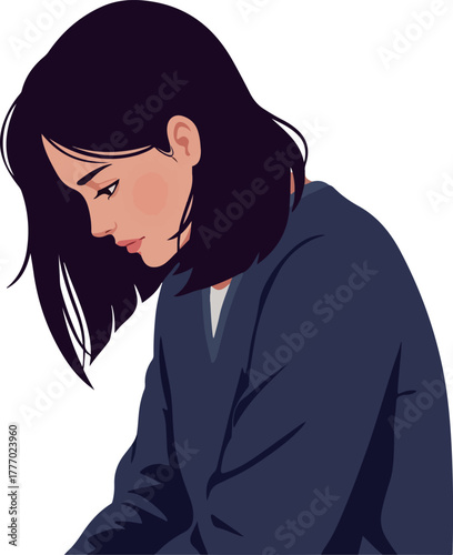 Sad Girl Wearing Blue Sweater Isolated on White Background Vector Art