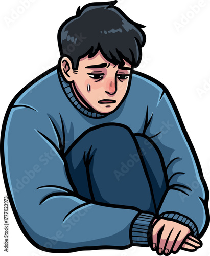 Sad Man Blue Sweater Crouched Down Exhausted