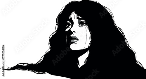 Sad Woman With Long Dark Hair Dramatic Black and White Illustration