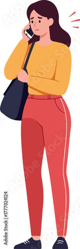 Sad Woman Talking On Phone Wearing Yellow Sweater And Red Pants