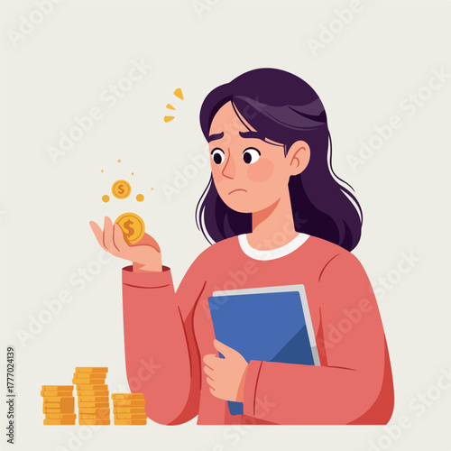 Sad Young Woman Holding Coins Worried About Financial Problems and Money