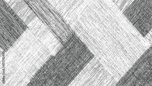 Black and white diagonal hatching pattern with intersecting geometric shapes abstract background