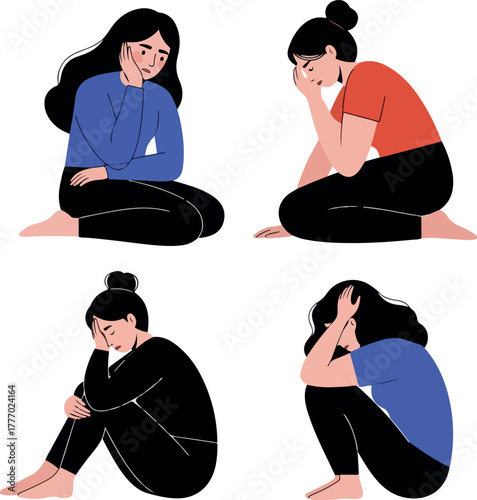 Sad Women Sitting In Distress Flat Vector Art
