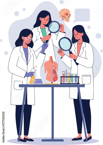 Scientists Studying Anatomy Model With Magnifying Glasses Flat Design