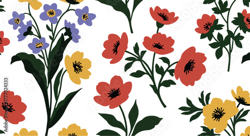Seamless Floral Pattern Red Yellow Blue Flowers White Background Pixel Art Style