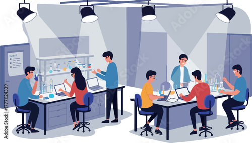 Scientific Laboratory Team Working in Brightly Lit Lab Flat Design