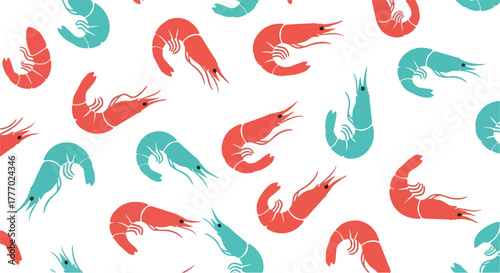 Seamless Shrimp Pattern Coral Teal on White Pixel Art Vector