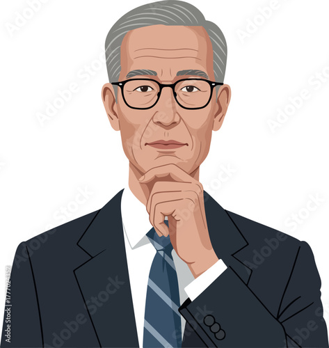 Senior Businessman Thinking Wearing Suit and Glasses Minimalist Vector Illustration