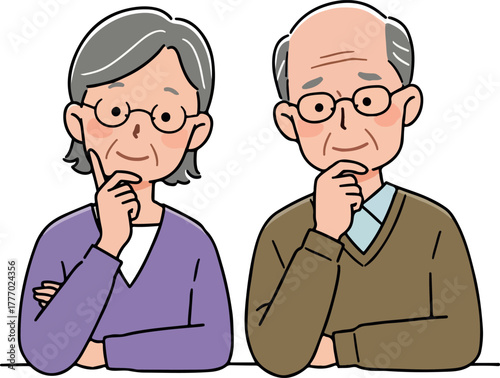 Senior Couple Pondering Thoughtful Poses Wearing Casual Sweaters