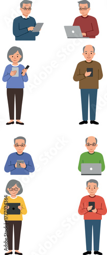 Senior People Using Technology Pixel Art Isolated Icons