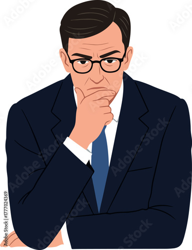 Serious Businessman In Dark Navy Suit And Blue Tie Thinking Hard