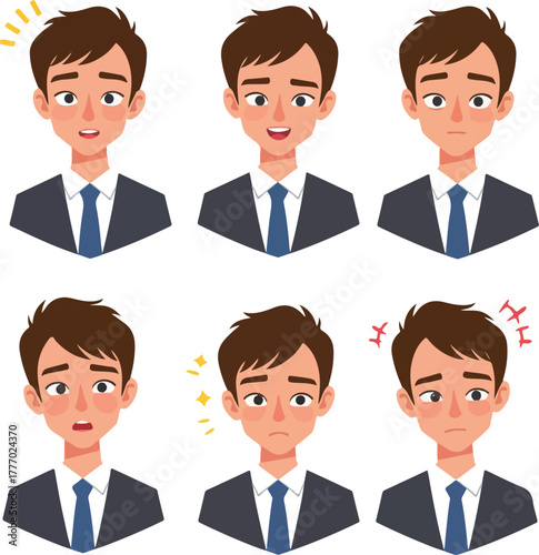 Set Of Business Man Expressions Flat Design Minimalist Style Isolated Vector