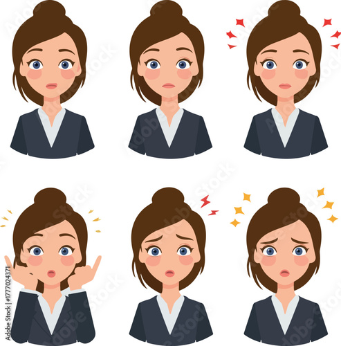 Set Of Business Woman Emotion Expressions Flat Design Vector