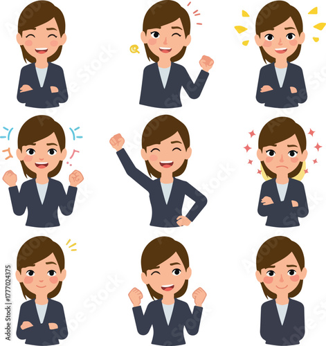 Set Of Businesswoman Pixel Art Emotion Poses With Transparent Background