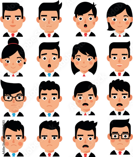 Set Of Diverse Pixel Art Business People Faces With Varying Emotions And Styles