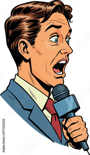 Shocked Male Reporter Speaking into Microphone Flat Design Vector Illustration