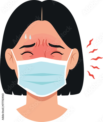 Sick Woman Wearing Face Mask With Fever And Headache Symptoms Flat Illustration