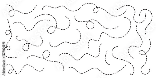 Abstract wavy squiggle dashed line collection. Dotted spiral curve line. Transport dot paths lines. Thin line abstract doted swirl path. Minimal squiggle divider, loopy line vector icon isolated