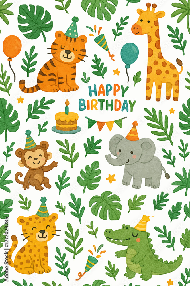 Obraz premium seamless pattern kids birthday party jungle theme