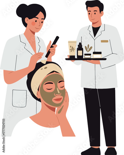 Skincare Professionals Apply Face Mask To Woman In Spa Flat Design Vector