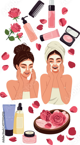 Skincare Routine Pixel Art Two Women Applying Face Masks with Roses and Beauty Products