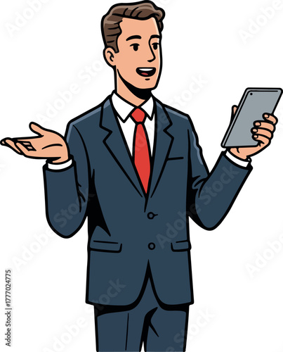 Smiling Businessman In Blue Suit Holding Tablet With Red Tie And White Shirt