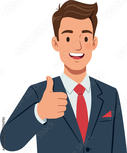Smiling Businessman In Dark Blue Suit With Red Tie Giving Thumbs Up