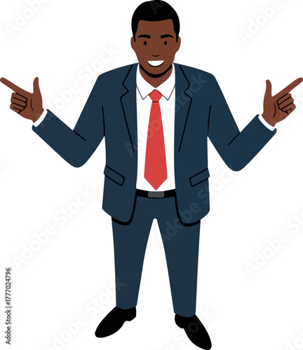 Smiling Businessman In A Blue Suit With A Red Tie Pointing To Sides