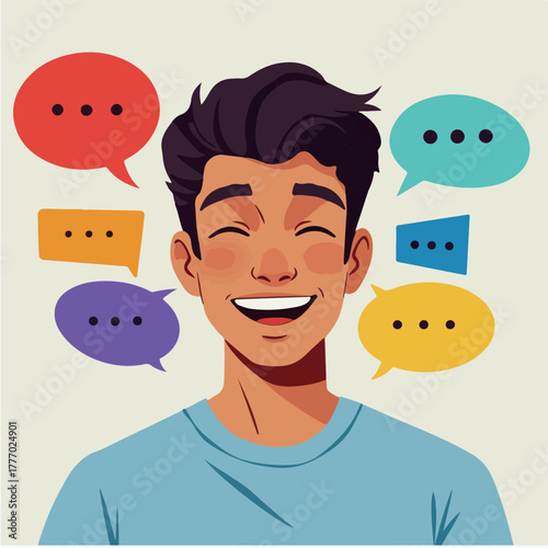 Smiling Man with Colorful Speech Bubbles Flat Design Illustration