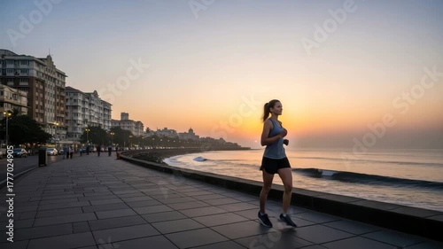 Woman running along the coast at sunrise for her daily morning exercise video generative ai