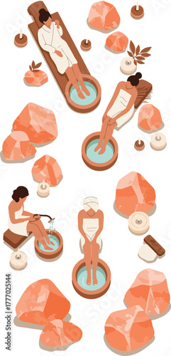 Spa Relaxation With Himalayan Salt Rocks And People In Soaking Tubs
